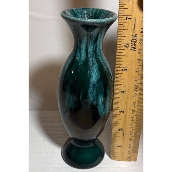 Ceramic Vase Flared Lip Vintage Green Drip Glaze Glossy Canada 7" Tall MCM - Picture 4 of 7